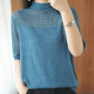 Short-sleeve Mock-neck Pointelle Knit Top