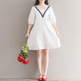 Lace Trim Elbow-sleeve Mini A-line Dress