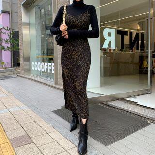 Tie-strap Leopard Long Dress Khaki - One Size