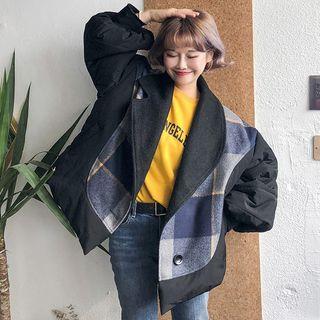 Plaid Panel Padded Jacket Plaid - Blue - One Size