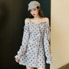 Cold-shoulder Bell-sleeve Mini Dotted A-line Dress