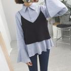 Set: Striped Bell-sleeve Shirt + Spaghetti Strap Top