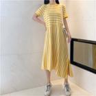 Short-sleeve Striped Slit-side Midi Dress