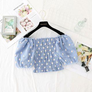 Puff-sleeve Daisy Embroidered Ruched Cropped Top