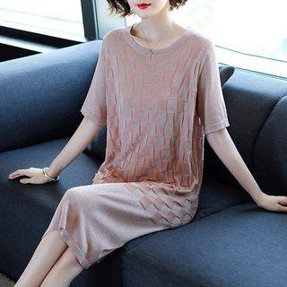 Elbow-sleeve Patterned Knit Midi Dress