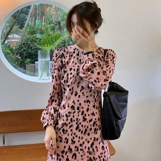 Leopard Long-sleeve Midi A-line Dress As Shown In Figure - One Size