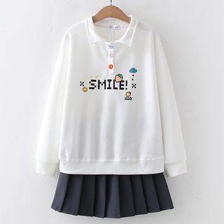 Set: Cartoon Print Polo Sweatshirt + Pleated Mini A-line Skirt