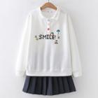 Set: Cartoon Print Polo Sweatshirt + Pleated Mini A-line Skirt