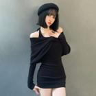 Set: Long-sleeve Cold Shoulder Mini Bodycon Dress + Off-shoulder Tube Shawl