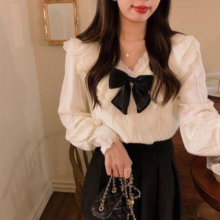 Lace Trim Bow Accent Blouse Almond - One Size