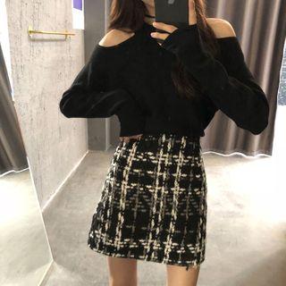 Cold-shoulder Knit Top / Tweed Plaid Mini A-line Skirt