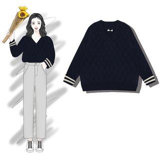 Contrast Trim V-neck Sweater Navy Blue - One Size