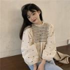 Long-sleeve Heart Embroidered Striped Panel Blouse