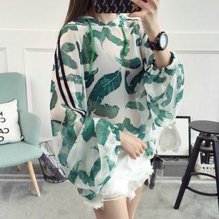 Printed Hooded Chiffon Long-sleeve Top