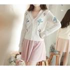 Embroidered V-neck Pointelle-knit Cardigan