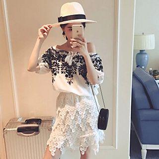Elbow-sleeve Off Shoulder Embroidered Top
