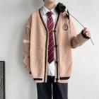 Long-sleeve Contrast Trim Embroidered Knit Cardigan