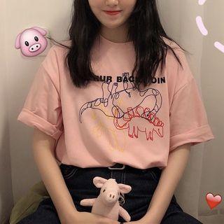 Elbow-sleeve Dinosaur Pint T-shirt Pink - One Size