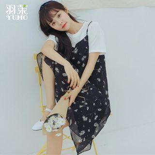 Short-sleeve T-shirt / Floral Midi A-line Overall Dress / Set