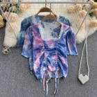 Short-sleeve Square-neck Lace Panel Tie-dye Drawstring Top