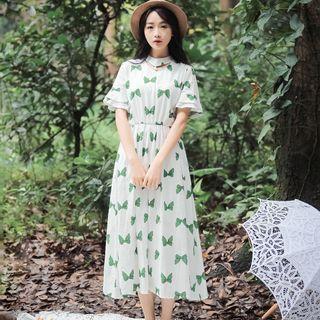 Faux Pearl Elbow Sleeve Midi Dress