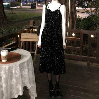 Long-sleeve Mock-neck Top / Velvet Midi A-line Overall Dress