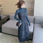 Set: Long-sleeve Turtleneck Top + Spaghetti-strap Floral Print Midi A-line Dress