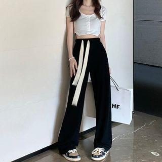High Waist Wide Leg Sweatpants / Short-sleeve Button-up Crop Top