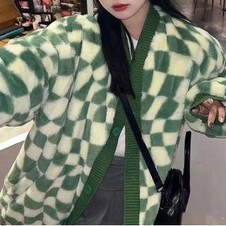 Checkerboard Cardigan Checkerboard - Green - One Size