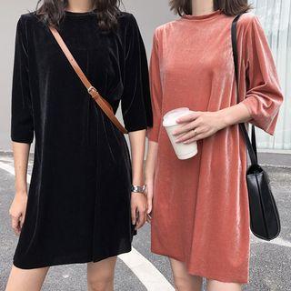 Elbow-sleeve Mini Velvet T-shirt Dress