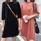 Elbow-sleeve Mini Velvet T-shirt Dress