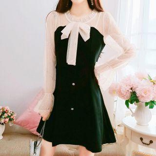 Puff-sleeve Mesh Panel Bow-accent A-line Dress