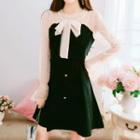 Puff-sleeve Mesh Panel Bow-accent A-line Dress