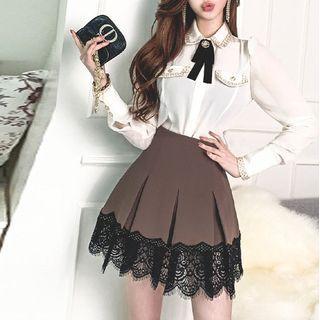 Set: Long-sleeve Contrast Trim Blouse + Lace Trim Mini A-line Skirt