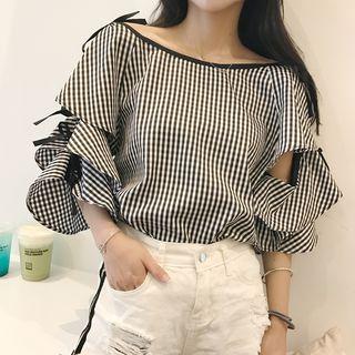 Plaid Ruffle Elbow-sleeve Top