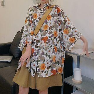 3/4-sleeve Floral Hawaiian Shirt / High Waist Shorts / Plain Tank Top