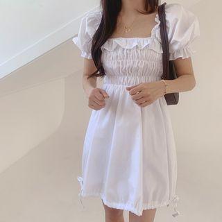 Ruffle Trim Puff-sleeve Square-neck Mini A-line Dress