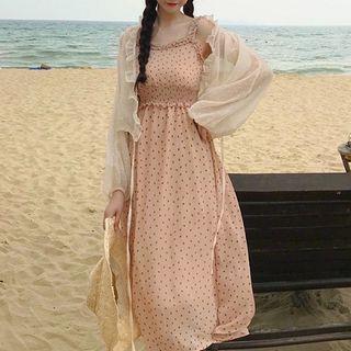 Spaghetti Strap Printed Midi A-line Dress / Tie-front Cropped Jacket / Set