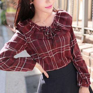 Tie-neck Ruffle-collar Plaid Top Wine Red - One Size