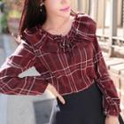 Tie-neck Ruffle-collar Plaid Top Wine Red - One Size