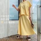 Set: Drop-shoulder Slit-back Top + Band-waist Flare Skirt