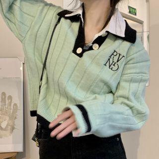Contrast Trim Lettering Cropped Polo Sweater