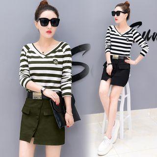 Set: Long-sleeve Striped T-shirt + Mini A-line Skirt