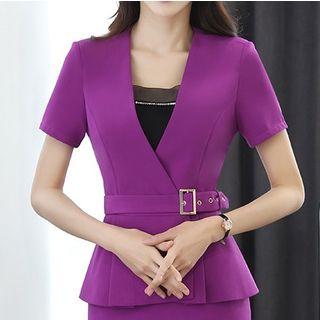 Short-sleeve Tie Waist Blazer / Fitted Skirt / Camisole Top