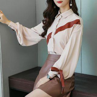 Set: Contrast-trim Shirt + A-line Skirt