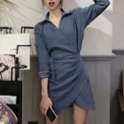Collared 3/4-sleeve Mini Wrap Dress Ash Blue - One Size