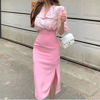 Puff-sleeve Blouse / Fitted Midi Skirt