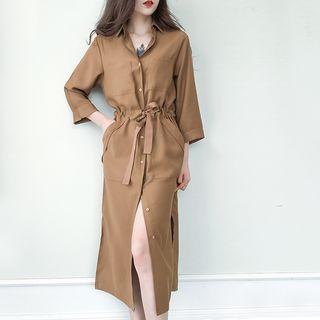 3/4 Sleeve Gather-waist Shirtdress