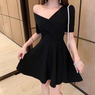 Short-sleeve Off-shoulder Plain Dress