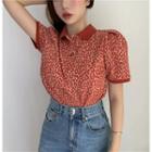 Short-sleeve Leopard Print Polo Shirt Red - One Size